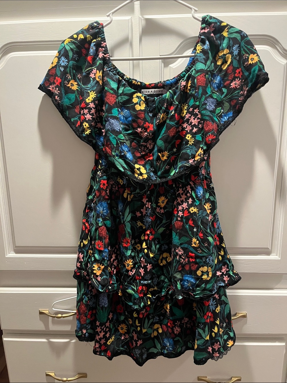 Alice + Olivia Tylie Tiered Ruffle Floral Green Dress Size 0